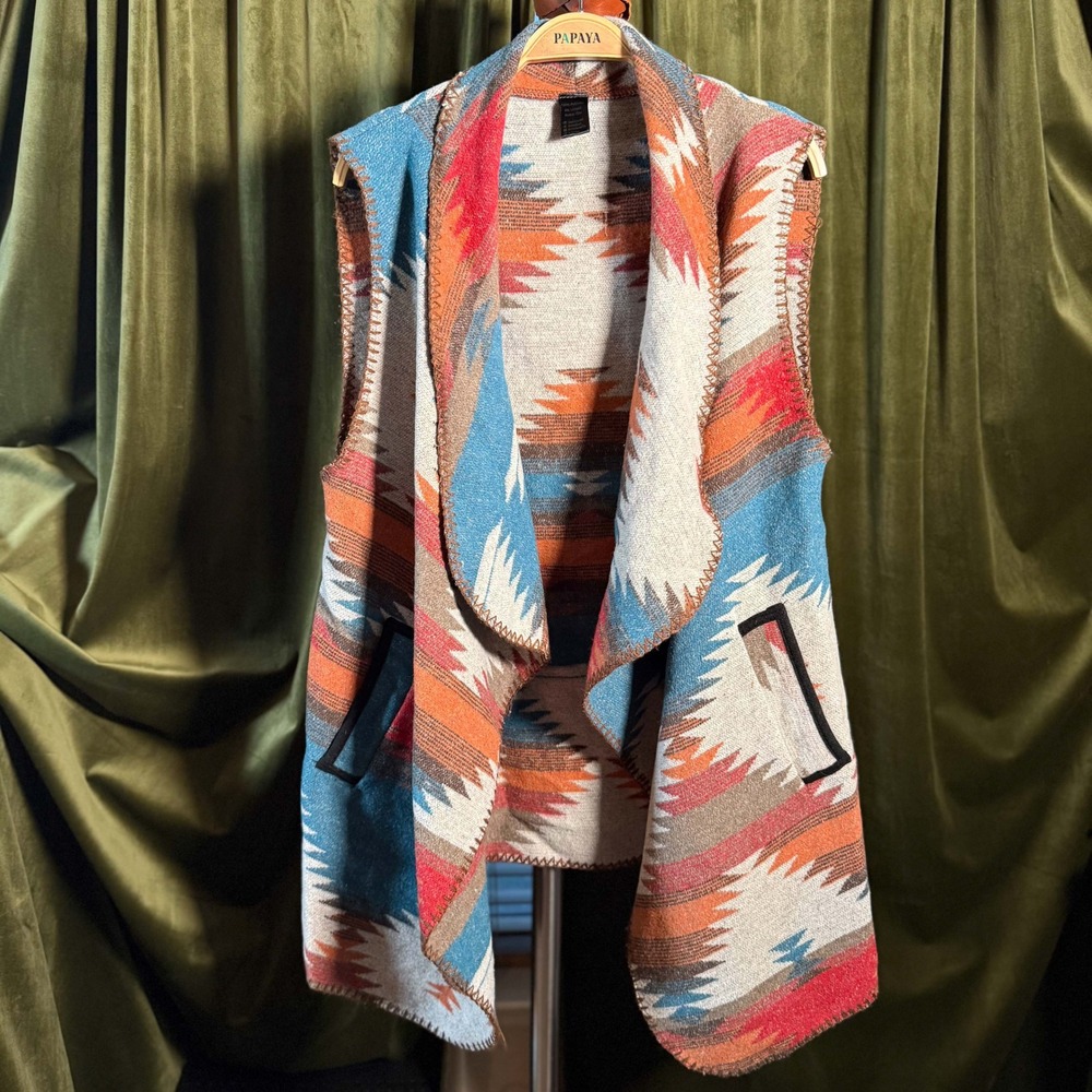 Southwestern Aztec Print Waterfall Vest Boho Western Teal Rust One Size - Picture 2 of 6